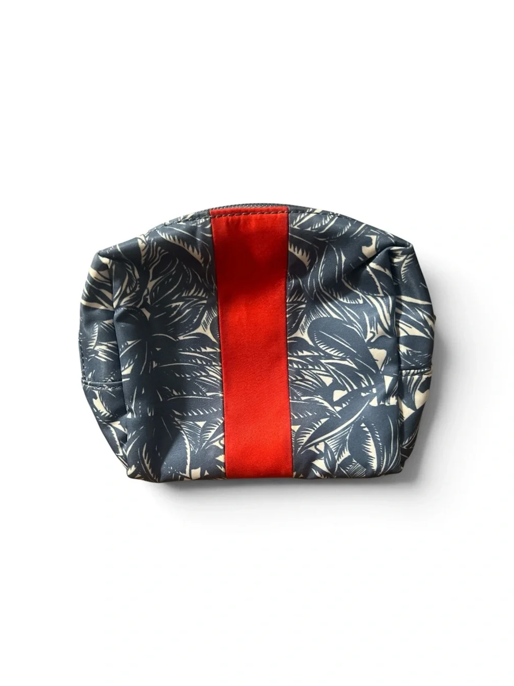 Tory Burch Navy Leaf Print Cosmetic Pouch with Red Center Stripe
